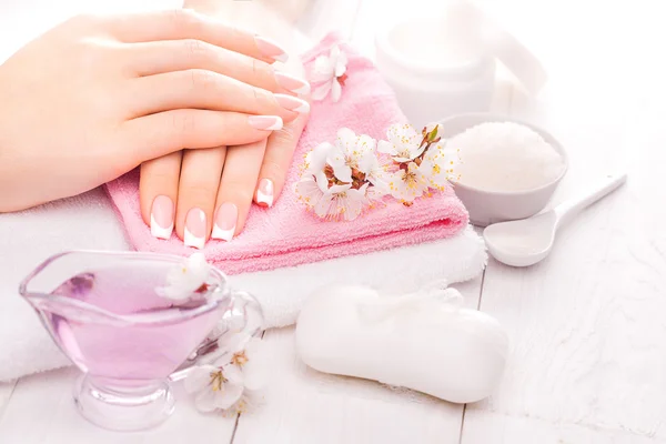 French manicure met essentiële oliën, abrikoos bloemen. Spa — Stockfoto