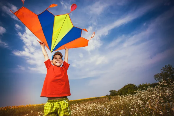 Kid vuela una cometa en el cielo azul —  Fotos de Stock