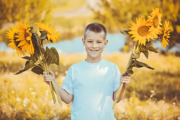 Happy boy with bouquet of sunflowers against summer field — Stock Photo, Image