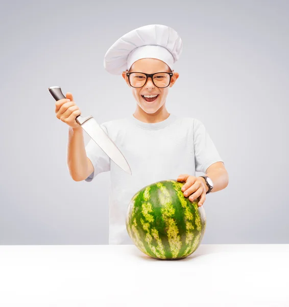 Scullion with watermelon in the studio — Stock Photo, Image