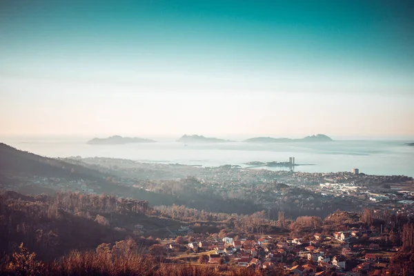 Paysage Vigo Avec Les Îles Cies Heure Bleue — Photo