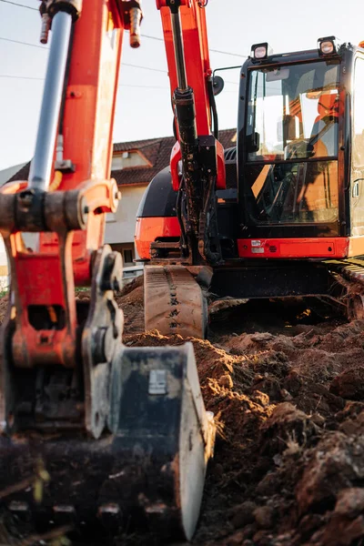 Escavadeira Retroescavadeira Canteiro Obras Sobre Sujeira — Fotografia de Stock