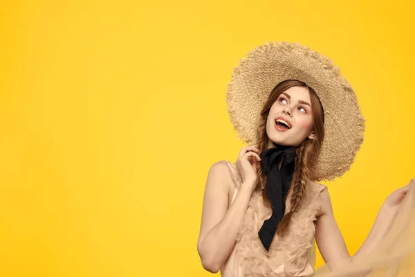 Retrato de mulher com tranças vermelhas no fundo amarelo corte vista emoção diversão — Fotografia de Stock