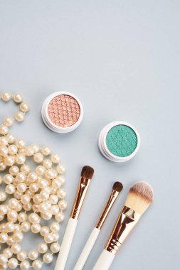 Göz farı aksesuarları makyaj fırçaları mal koleksiyonu profesyonel kozmetik ürünleri gri arka planda