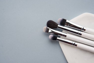 Gri arka planda beyaz bir ayakta profesyonel makyaj fırçaları