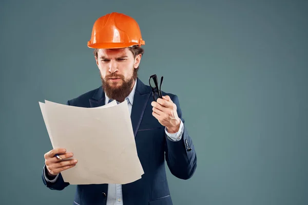 Business man blueprints engineer work professional instruction manual — Fotografia de Stock