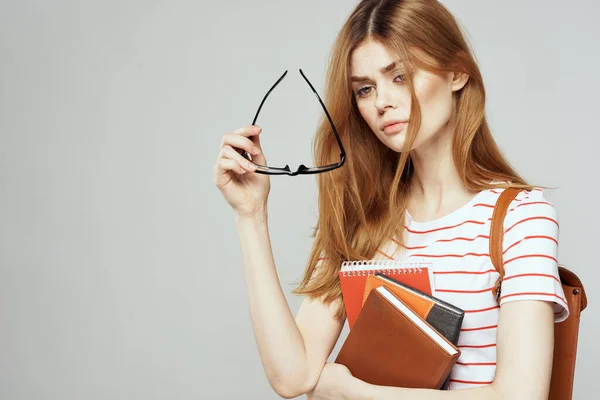 Girl with notepad education science female student with backpack — Stock Photo, Image