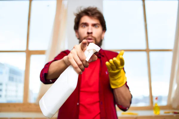 Cleaner rubber gloved detergent interior window cleaning house — Stock Photo, Image