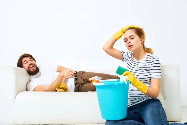 Married couple housework service cleaning lifestyle joint work — Stock Photo, Image