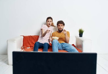 Arkadaşlar, erkek ve kadın kanepede oturur, televizyonun önünde ve saksıda bir çiçek.