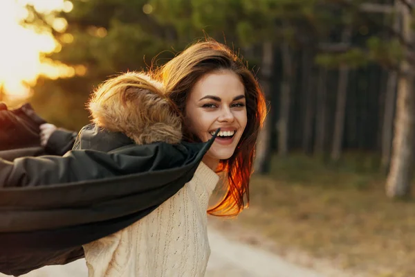 Cheerful woman jackets autumn day leisure lifestyle — Stock Photo, Image