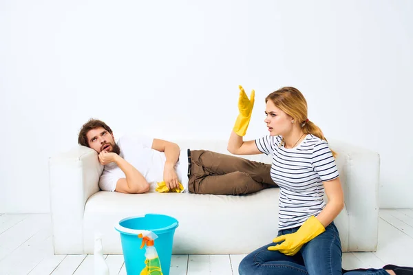 Married couple in the room doing housework lifestyle services — Stock Photo, Image