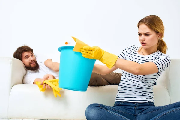 Housework married couple service interior cleaning Lifestyle — Stock Photo, Image