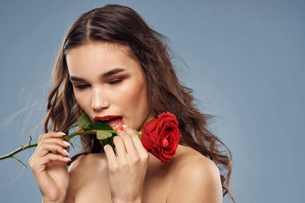 Portrét ženy s červenou růží v rukou na šedém pozadí nahá ramena večerní make-up — Stock fotografie
