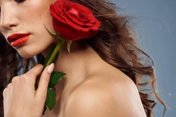 Ritratto di una donna con una rosa rossa tra le mani su uno sfondo grigio spalle nude trucco serale — Foto Stock
