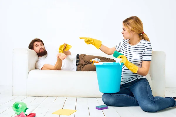 Married couple housework service cleaning lifestyle joint work — Stock Photo, Image