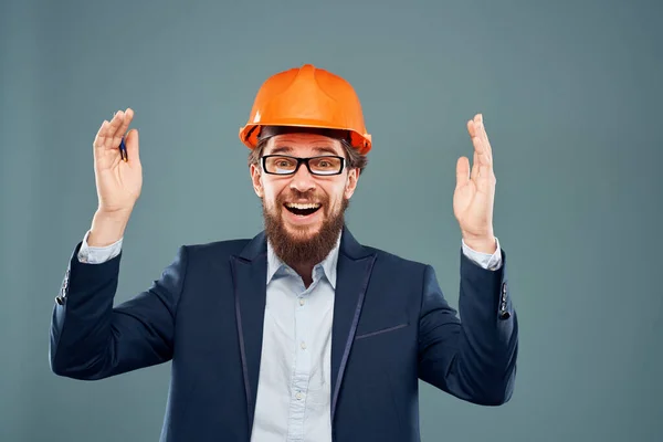 Cheerful man with glasses construction safety by industry professional lifestyle — Stock Photo, Image