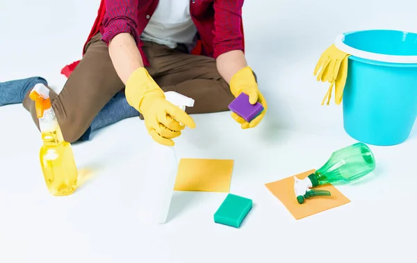 Cleaner housework detergent bucket rubber gloves service — Stock Photo, Image