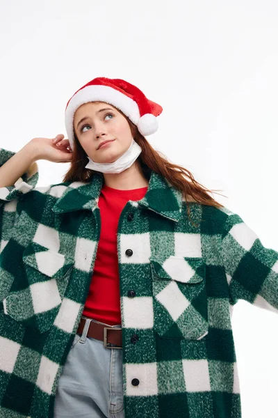 Donna Santa cappelli medico mento maschera plaid cappotto primo piano — Foto Stock