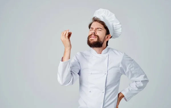 Emotionele chef-kok in een hoofdtooi gebaren Kopieer Space hands — Stockfoto