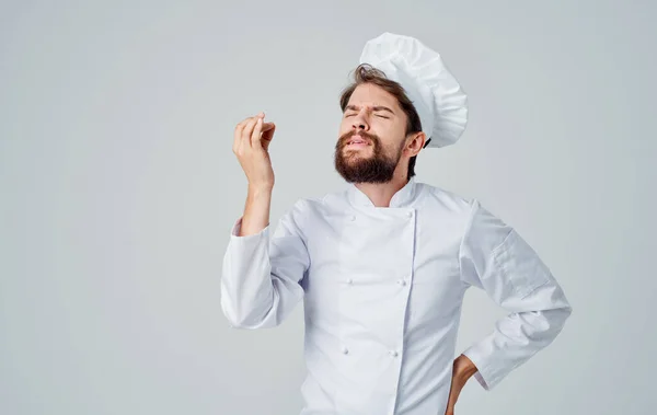 Chef emocional em gestos de cobertura para a cabeça Copiar espaço mãos — Fotografia de Stock