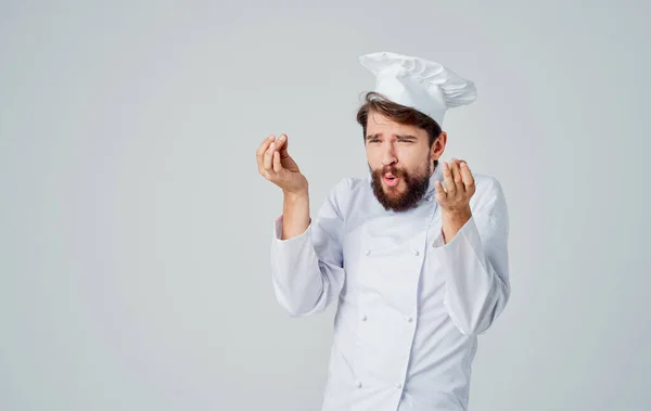 Emocionální kuchař v gestech čelenky Kopírovat prostorové ruce — Stock fotografie
