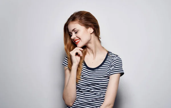Pretty woman striped t-shirt charm smile emotion attractive look model — Stock Photo, Image