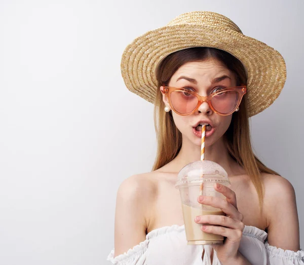 pretty woman fashion glasses studio glass with drink model
