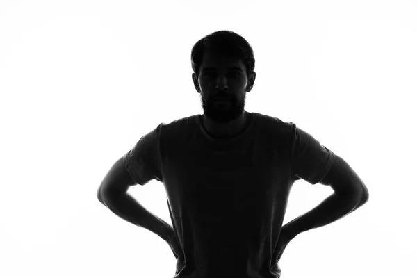 Verwirrter Mann gestikuliert mit Händen Emotionen Silhouette weißer Hintergrund — Stockfoto