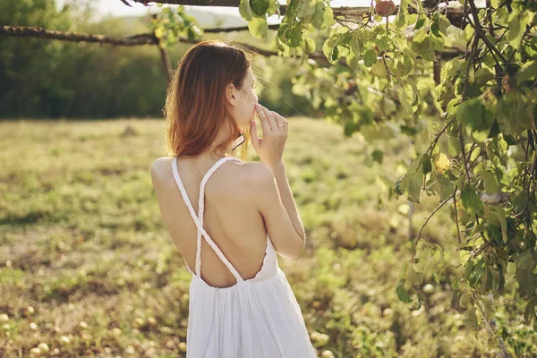 Mulher atraente em um sundress perto de árvores no jardim no verão vista traseira — Fotografia de Stock