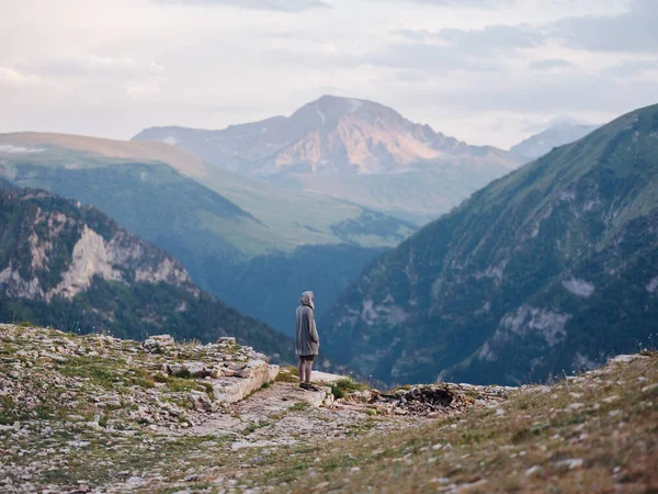 Hiker outdoors in the mountains fresh air tourism back view — Stock Photo, Image