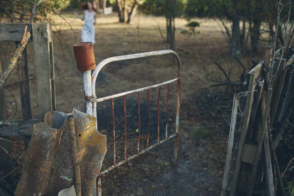 Żelazo łóżko sucha trawa natura przemysł drzewa śmieci — Zdjęcie stockowe