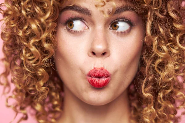 stock image Lady Curly hair look towards red lips close-up fashion clothes 