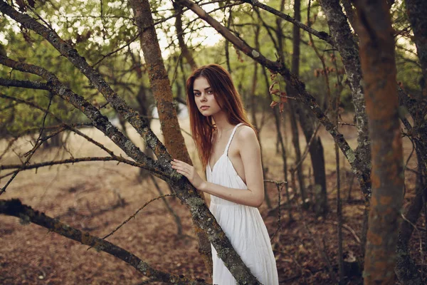 Romantik kadın ormandaki ağaçların yanında. — Stok fotoğraf