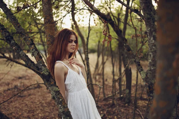 Bella donna appoggiata sul tronco d'albero all'aperto in giardino vista ritagliata — Foto Stock