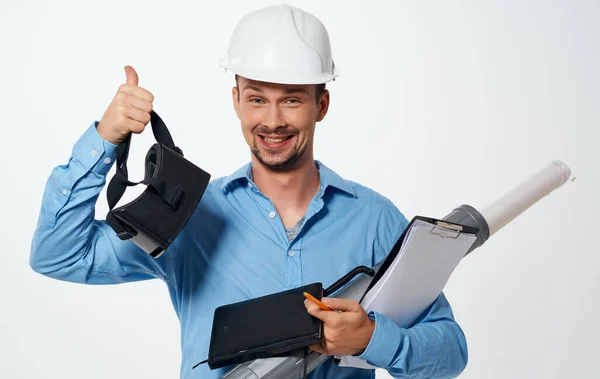 Architect builder in a white helmet with a tube and documents 3D glasses model — Stock Photo, Image