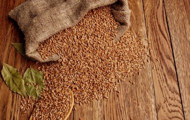 Tahta bir masanın üzerindeki bir poşette buğday ve kuru organik doku arkaplan resmi bırakır.