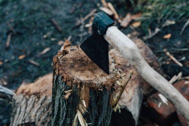 Ağaçta balta, kütük kesme, dışarıda odun kesme.