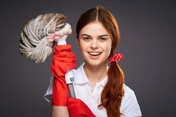 Cheerful cleaning lady in hand emotion service — Stock Photo, Image