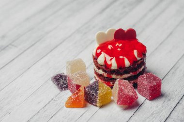 Marmelat tatlılar diyet yiyecekler çikolata ahşap arka plan görünümü