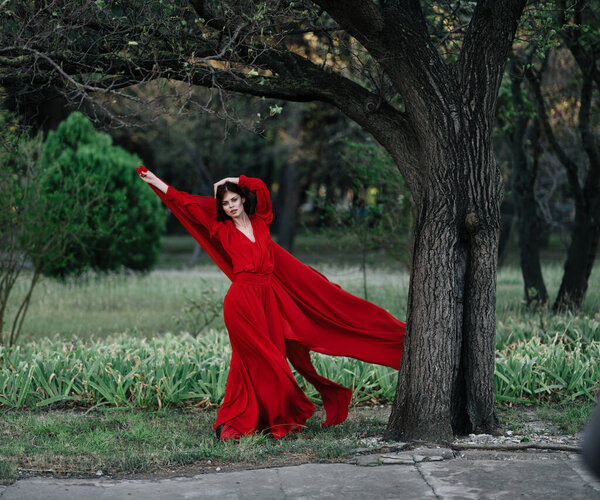 Elegant woman in red dress posing near tree luxury summer. High quality photo