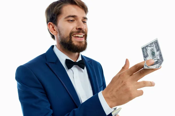 돈이 잔뜩 든 행복 한 남자와 하얀 배경 화면에 전통 정장을 입은 행복 한 남자 — 스톡 사진