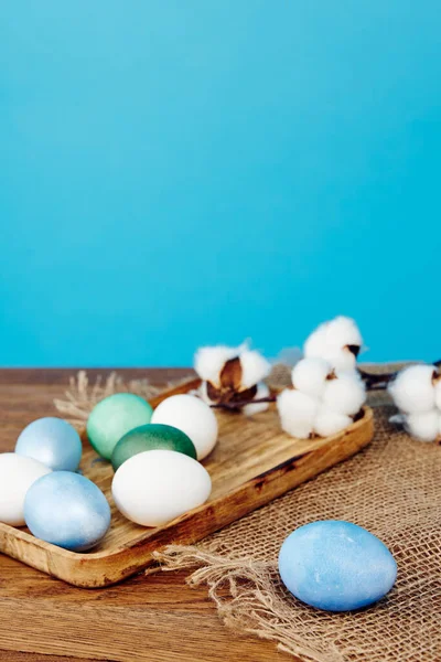 painted chicken eggs easter tradition holiday blue background