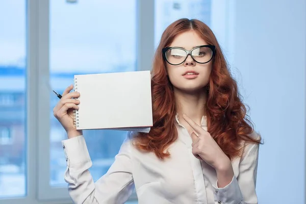 Üzleti vörös hajú nő kezében jegyzettömböt egy hivatalos menedzser — Stock Fotó