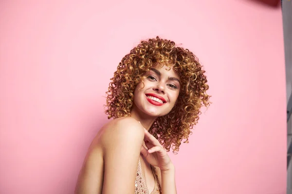 Charming model Red lips beautiful smile isolated background curly hair — Stock Photo, Image