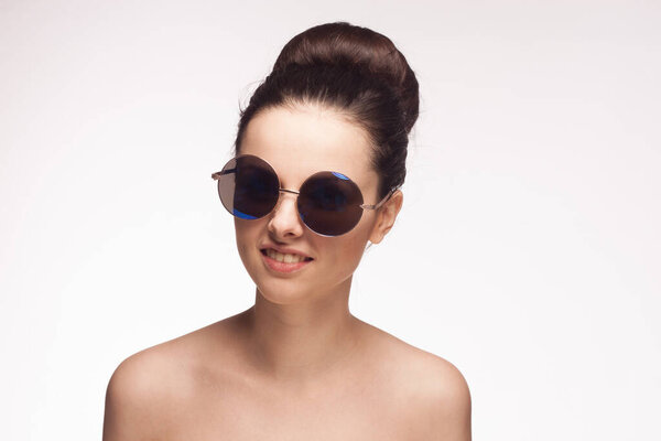 pretty woman naked shoulders fashion glasses studio luxury