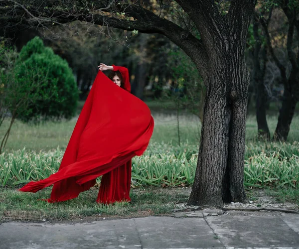 Elegáns nő piros ruhában pózol közel fa luxus nyár — Stock Fotó