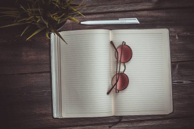 Kalem ve ofis gözlüklü not defterini aç. Cep telefonu çiçeği bir kap üst görünümde iç görünümde.