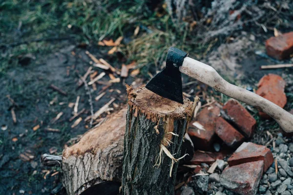 Bijl steekt uit in de boomstronk hout hakken oogsten voor de winter in de frisse lucht — Stockfoto