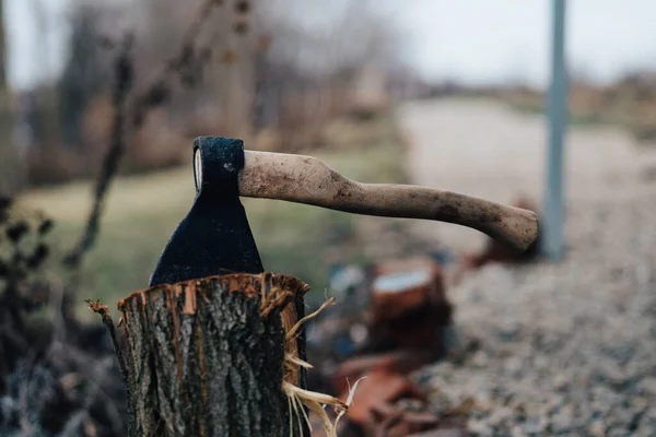 Ax in the stump firewood for a fire outdoors close-up — Stock Photo, Image